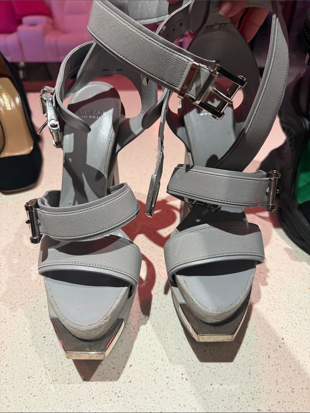 Versace platform Women’s Gray Strappy heels with Buckle Detail